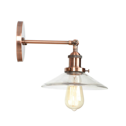 Conical Bedroom Wall Light Fixture Vintage Clear Glass 1 Light Copper Sconce Lamp Clearhalo 'Cast Iron' 'Glass' 'Industrial wall lights' 'Industrial' 'Middle century wall lights' 'Modern' 'Tiffany' 'Traditional wall lights' 'Wall Lamps & Sconces' 'Wall Lights' Lighting' 164575