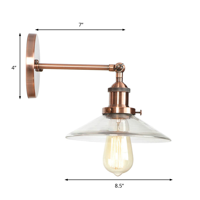 Conical Bedroom Wall Light Fixture Vintage Clear Glass 1 Light Copper Sconce Lamp Clearhalo 'Cast Iron' 'Glass' 'Industrial wall lights' 'Industrial' 'Middle century wall lights' 'Modern' 'Tiffany' 'Traditional wall lights' 'Wall Lamps & Sconces' 'Wall Lights' Lighting' 164576