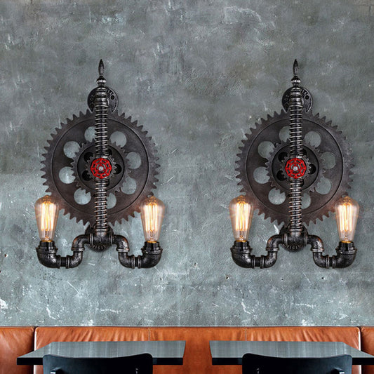 2 Lights Open Bulb Wall Lamp with Gear Design Farmhouse Black Finish Metallic Wall Mounted Lighting over Table Clearhalo 'Art deco wall lights' 'Cast Iron' 'Glass' 'Industrial wall lights' 'Industrial' 'Middle century wall lights' 'Modern' 'Rustic wall lights' 'Tiffany' 'Traditional wall lights' 'Wall Lamps & Sconces' 'Wall Lights' Lighting' 164578