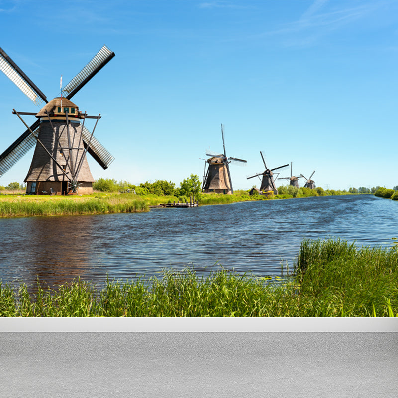 Full Size Photography Modern Mural Wallpaper with Windmill and Grassland in Green Green Design 1 Clearhalo 'Wall Decor' 'Wall Mural' 1646215
