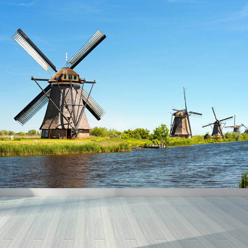Full Size Photography Modern Mural Wallpaper with Windmill and Grassland in Green Clearhalo 'Wall Decor' 'Wall Mural' 1646216