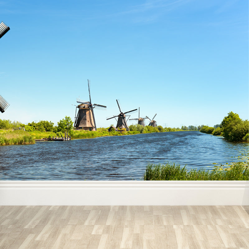 Full Size Photography Modern Mural Wallpaper with Windmill and Grassland in Green Clearhalo 'Wall Decor' 'Wall Mural' 1646217