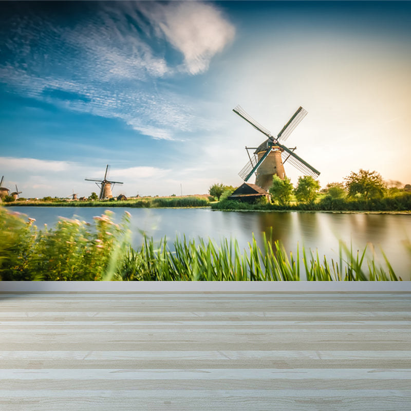 Full Size Photography Modern Mural Wallpaper with Windmill and Grassland in Green Green Design 2 Clearhalo 'Wall Decor' 'Wall Mural' 1646220