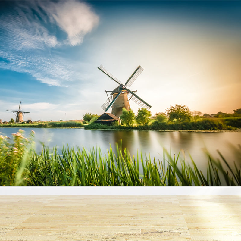 Full Size Photography Modern Mural Wallpaper with Windmill and Grassland in Green Clearhalo 'Wall Decor' 'Wall Mural' 1646222