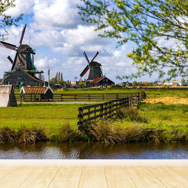 Full Size Photography Modern Mural Wallpaper with Windmill and Grassland in Green Clearhalo 'Wall Decor' 'Wall Mural' 1646227