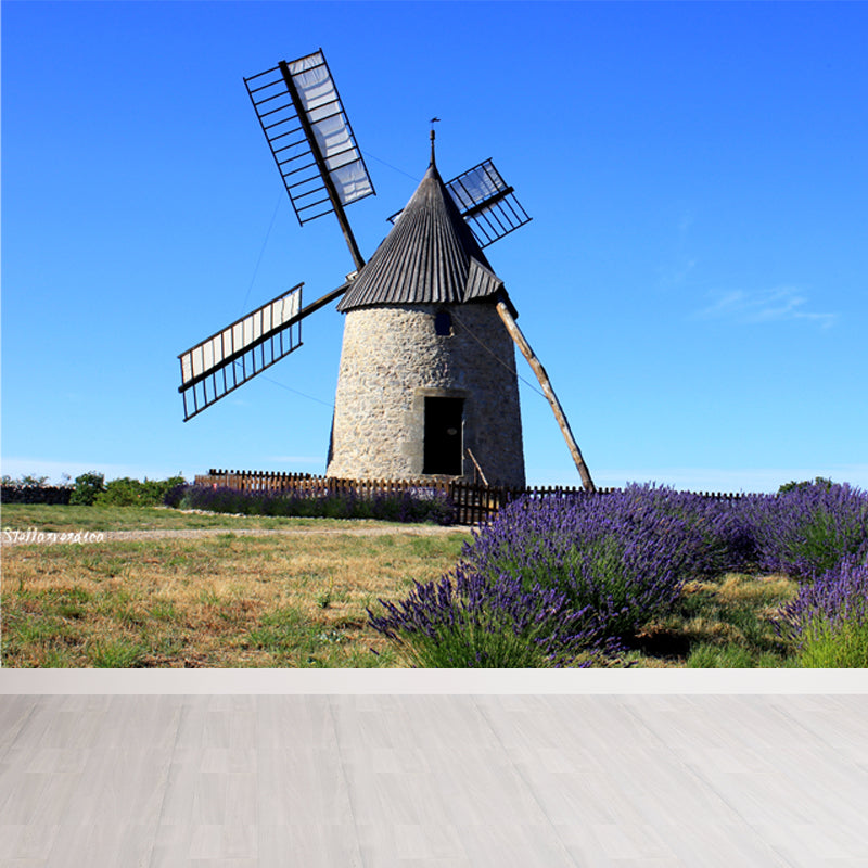 Full Size Photography Modern Mural Wallpaper with Windmill and Grassland in Green Clearhalo 'Wall Decor' 'Wall Mural' 1646231