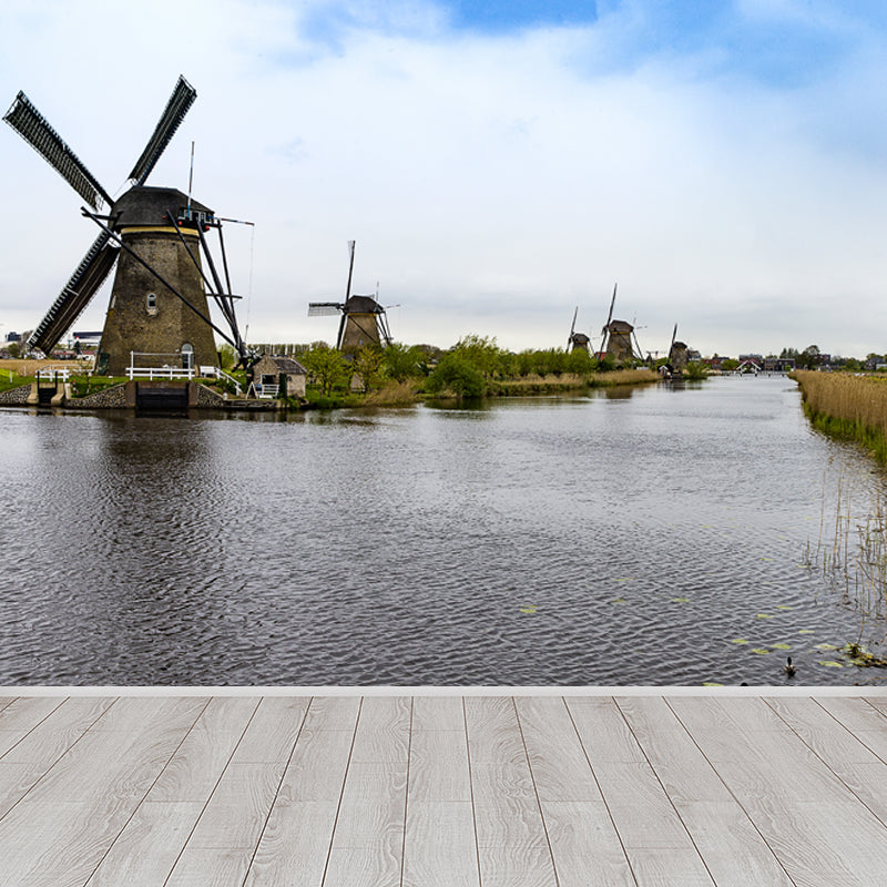 Full Size Photography Modern Mural Wallpaper with Spring Windmill Landscape in Blue Blue Design 1 Clearhalo 'Wall Decor' 'Wall Mural' 1646255