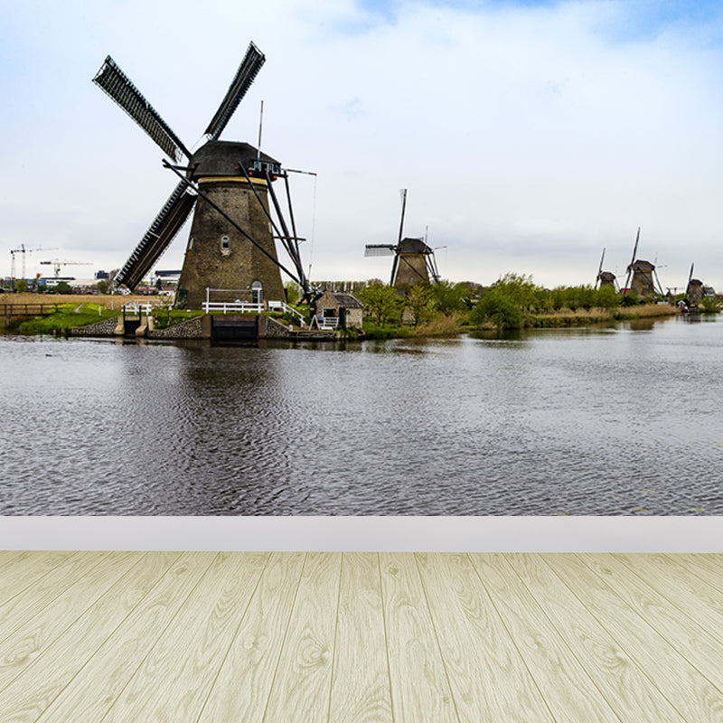 Full Size Photography Modern Mural Wallpaper with Spring Windmill Landscape in Blue Clearhalo 'Wall Decor' 'Wall Mural' 1646256