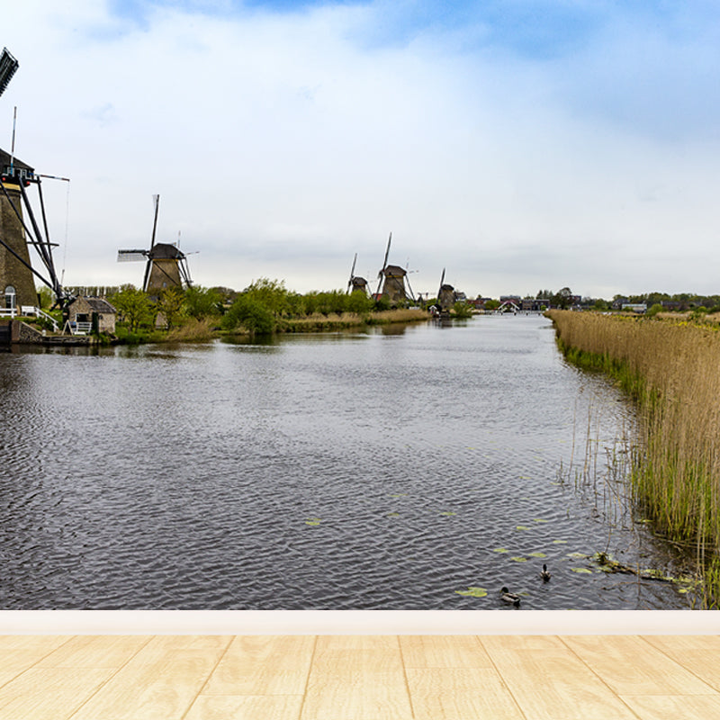 Full Size Photography Modern Mural Wallpaper with Spring Windmill Landscape in Blue Clearhalo 'Wall Decor' 'Wall Mural' 1646257