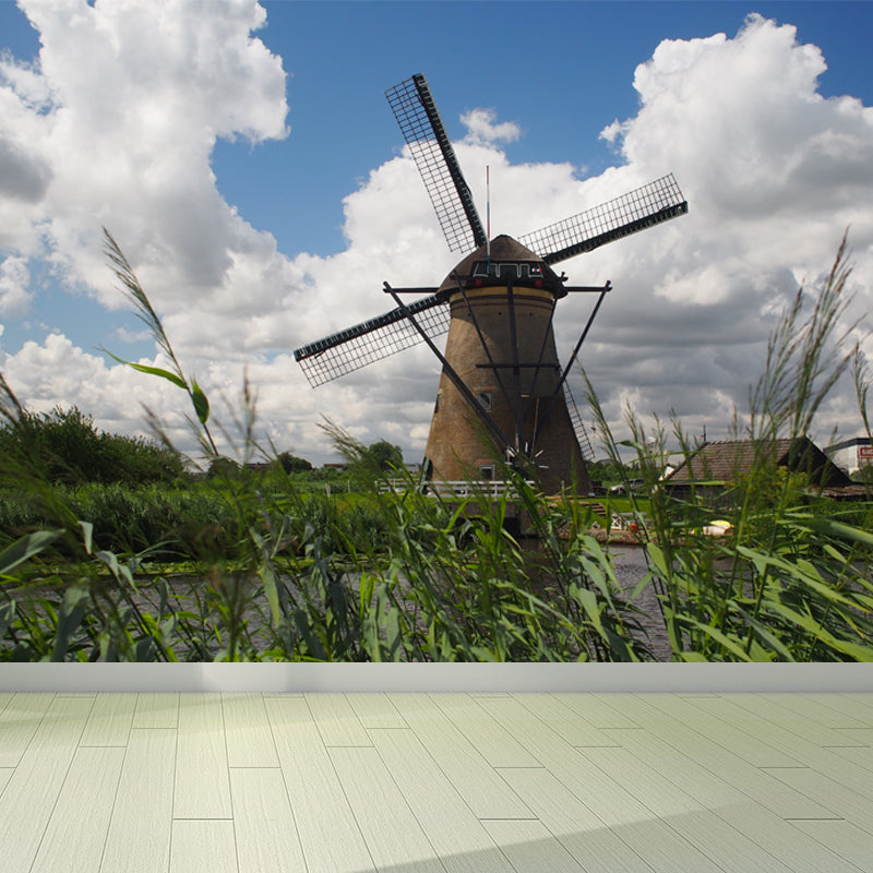 Full Size Photography Modern Mural Wallpaper with Spring Windmill Landscape in Blue Blue Design 2 Clearhalo 'Wall Decor' 'Wall Mural' 1646260