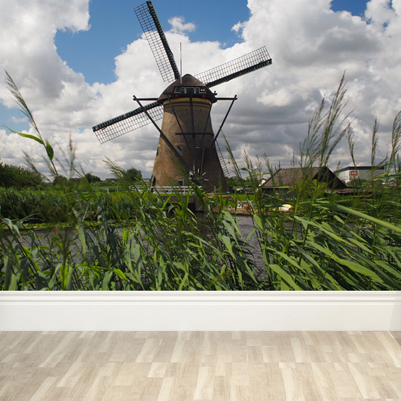Full Size Photography Modern Mural Wallpaper with Spring Windmill Landscape in Blue Clearhalo 'Wall Decor' 'Wall Mural' 1646262