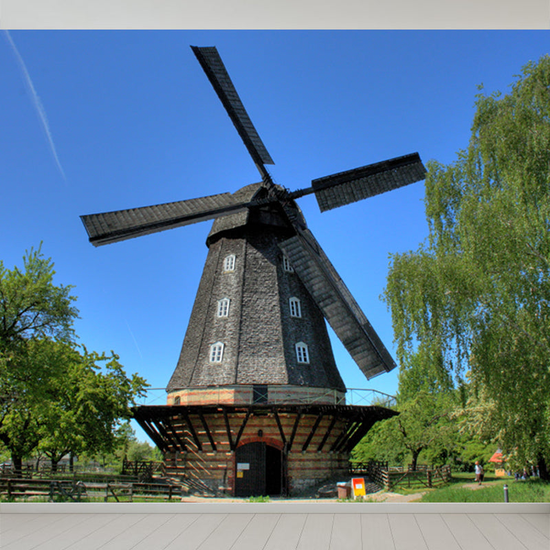 Full Size Photography Modern Mural Wallpaper with Spring Windmill Landscape in Blue Blue Design 3 Clearhalo 'Wall Decor' 'Wall Mural' 1646265