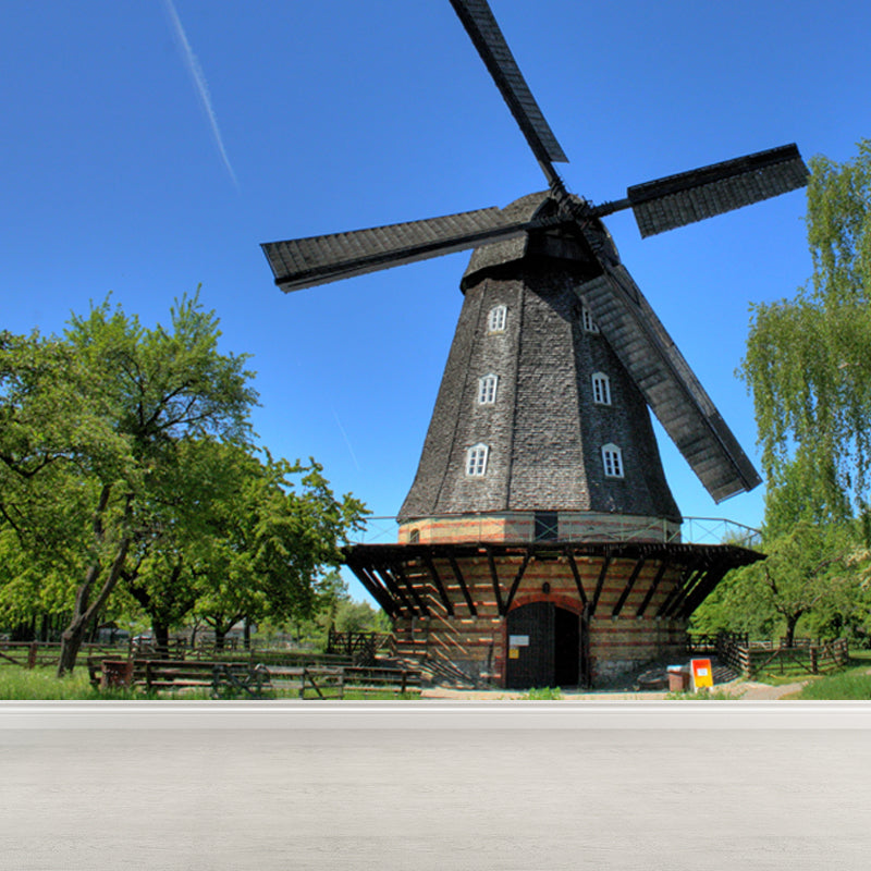 Full Size Photography Modern Mural Wallpaper with Spring Windmill Landscape in Blue Clearhalo 'Wall Decor' 'Wall Mural' 1646266