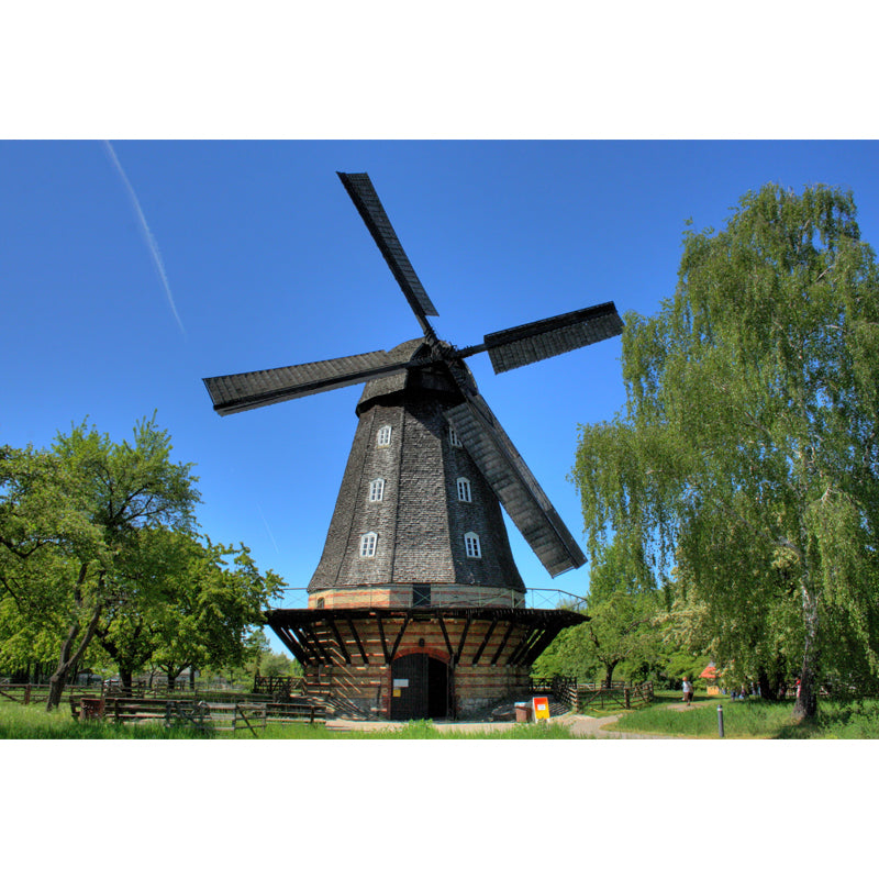 Full Size Photography Modern Mural Wallpaper with Spring Windmill Landscape in Blue Clearhalo 'Wall Decor' 'Wall Mural' 1646268