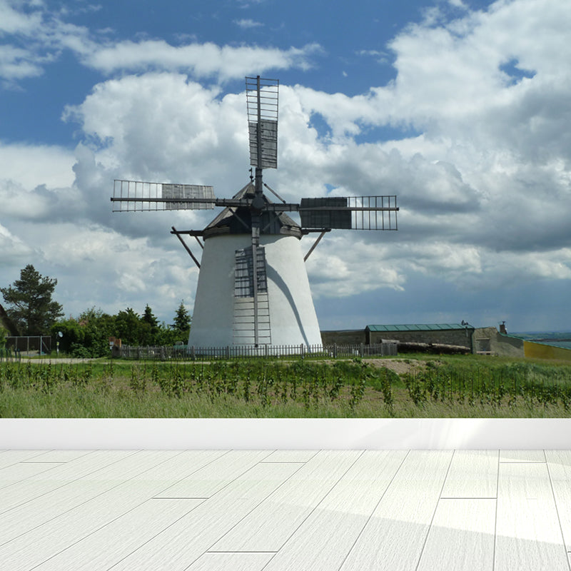 Full Size Photography Modern Mural Wallpaper with Spring Windmill Landscape in Blue Blue Design 4 Clearhalo 'Wall Decor' 'Wall Mural' 1646270