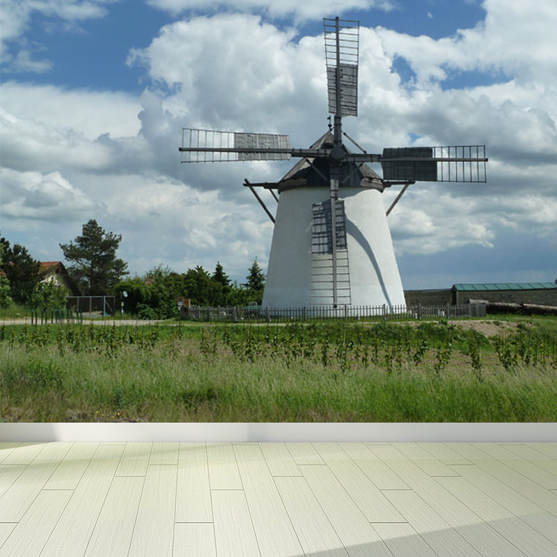 Full Size Photography Modern Mural Wallpaper with Spring Windmill Landscape in Blue Clearhalo 'Wall Decor' 'Wall Mural' 1646271