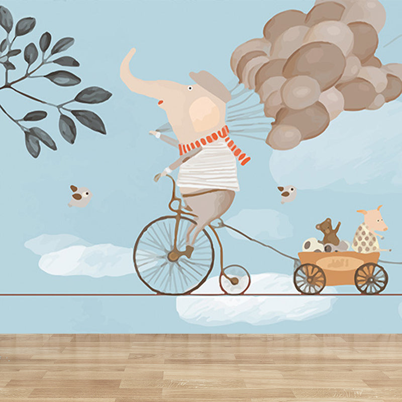 Giant Children's Art Wall Mural in Pastel Color Cartoon Animals Wall Decor, Custom Printed Blue Clearhalo 'Wall Decor' 'Wall Mural' 1646295