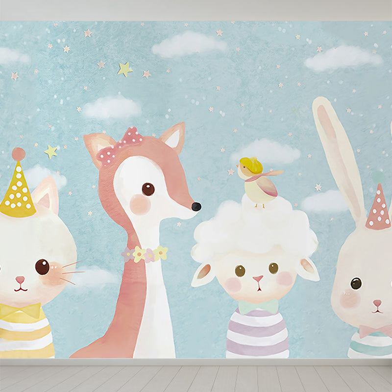Giant Children's Art Wall Mural in Pastel Color Cartoon Animals Wall Decor, Custom Printed Light Blue Clearhalo 'Wall Decor' 'Wall Mural' 1646300