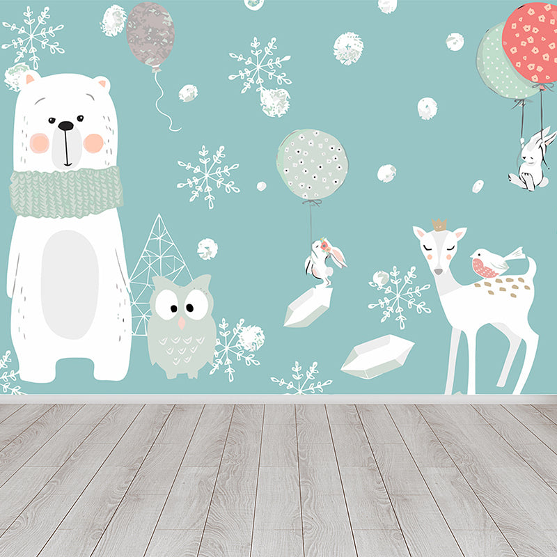 Giant Children's Art Wall Mural in Pastel Color Cartoon Animals Wall Decor, Custom Printed Lake Blue Clearhalo 'Wall Decor' 'Wall Mural' 1646310