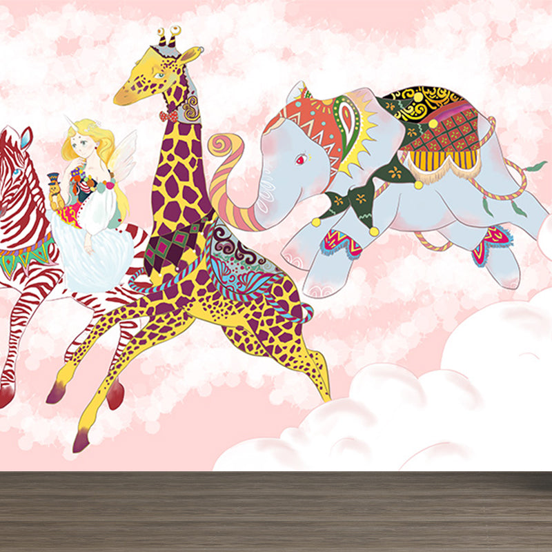 Delightful Cartoon Animals Wall Mural for Kids Room Spring Wall Decor, Customised Pink Clearhalo 'Wall Decor' 'Wall Mural' 1646315