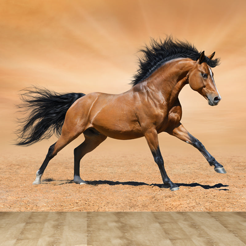 Running Horse Scenery Mural Decal for Girls Bedroom, Brown, Custom Size Available Clearhalo 'Wall Decor' 'Wall Mural' 1646391