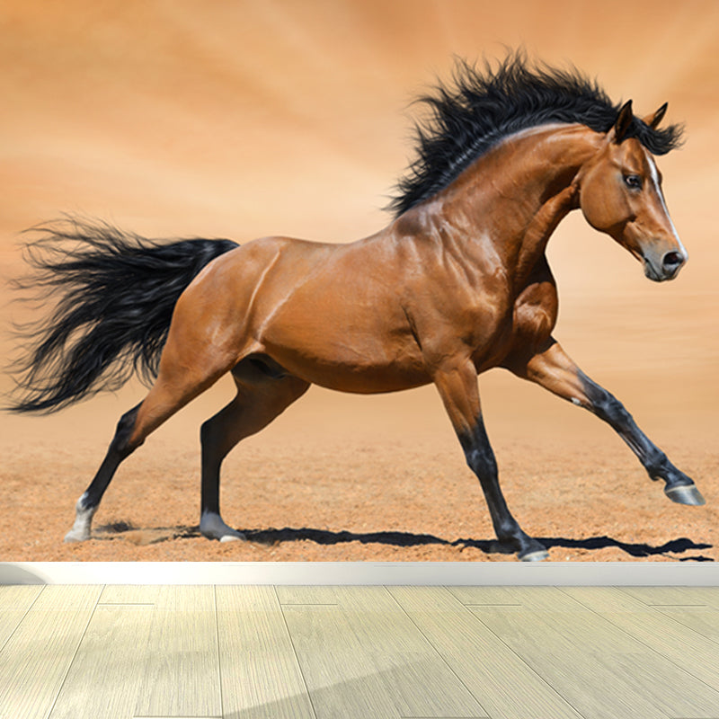 Running Horse Scenery Mural Decal for Girls Bedroom, Brown, Custom Size Available Clearhalo 'Wall Decor' 'Wall Mural' 1646392