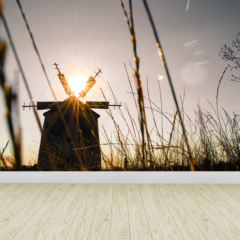 Extra Large Windmill Mural Brown Non-Woven Wall Art for Home Decor, Personalised Brown Design 2 Clearhalo 'Wall Decor' 'Wall Mural' 1646410