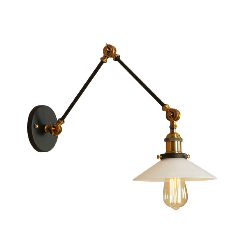 1 Light Saucer Shade Sconce Light Fixture Industrial Brass/Bronze Frosted Glass Wall Lamp with Swing Arm Clearhalo 'Art deco wall lights' 'Cast Iron' 'Glass' 'Industrial wall lights' 'Industrial' 'Middle century wall lights' 'Modern' 'Rustic wall lights' 'Tiffany' 'Traditional wall lights' 'Wall Lamps & Sconces' 'Wall Lights' Lighting' 164658