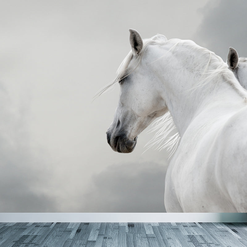 Big White Horse Print Mural Wallpaper Decorative Contemporary Living Room Wall Art Grey Design 2 Clearhalo 'Wall Decor' 'Wall Mural' 1646635