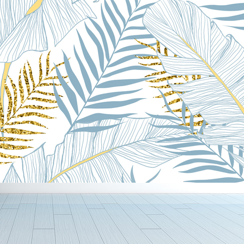 Waterproof Leaves Wall Mural Tropical Non-Woven Wall Decor, Custom Size Available Light Blue Clearhalo 'Wall Decor' 'Wall Mural' 1646660