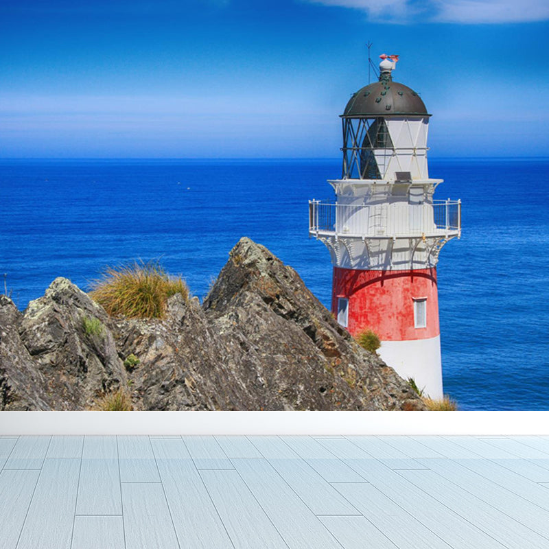 Large Lighthouse and Sky Mural Wallpaper Coastal Sea Landscape Wall Covering in Blue Blue Design 3 Clearhalo 'Wall Decor' 'Wall Mural' 1646720