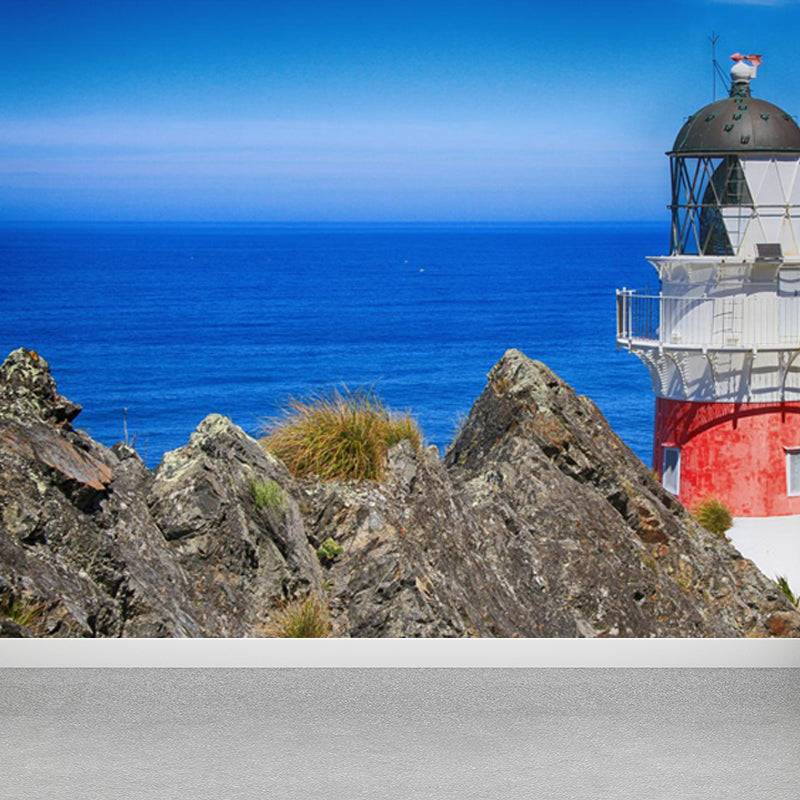 Large Lighthouse and Sky Mural Wallpaper Coastal Sea Landscape Wall Covering in Blue Clearhalo 'Wall Decor' 'Wall Mural' 1646721