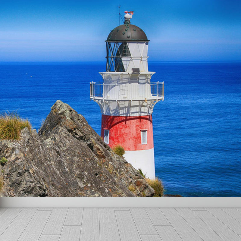 Large Lighthouse and Sky Mural Wallpaper Coastal Sea Landscape Wall Covering in Blue Clearhalo 'Wall Decor' 'Wall Mural' 1646722