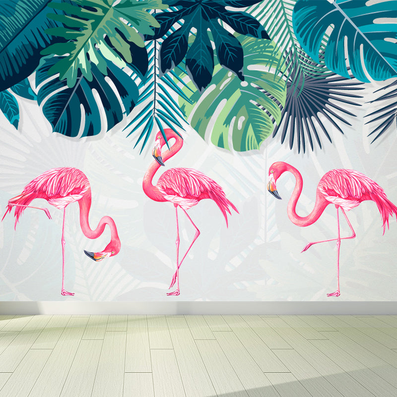 Flamingos and Leaves Wall Mural Modern Decorative Living Room Wall Covering, Custom Pink Clearhalo 'Wall Decor' 'Wall Mural' 1646750