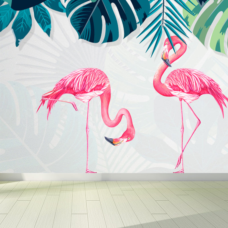 Flamingos and Leaves Wall Mural Modern Decorative Living Room Wall Covering, Custom Clearhalo 'Wall Decor' 'Wall Mural' 1646751