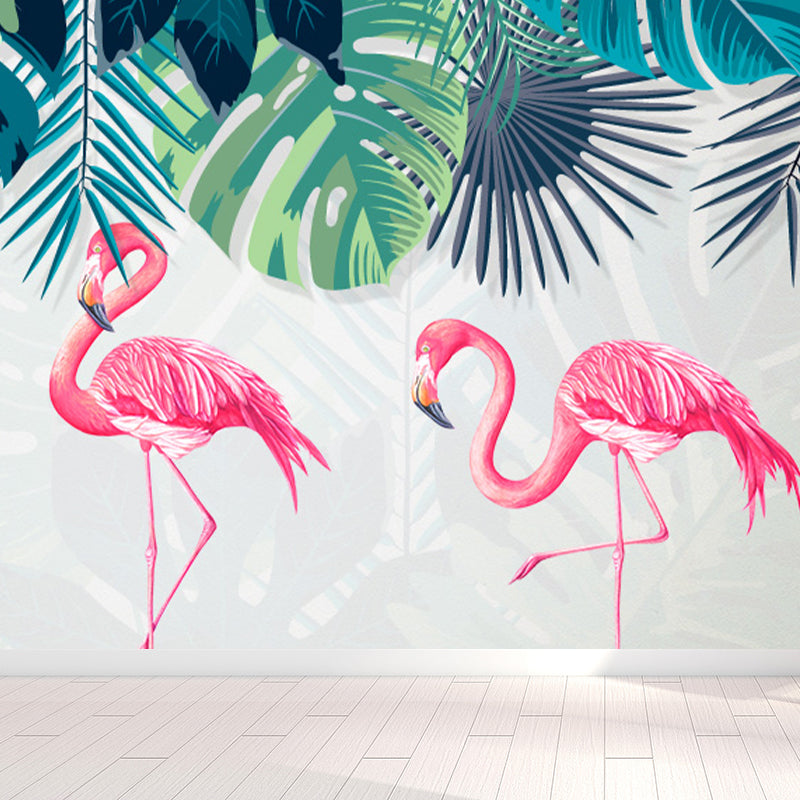 Flamingos and Leaves Wall Mural Modern Decorative Living Room Wall Covering, Custom Clearhalo 'Wall Decor' 'Wall Mural' 1646752
