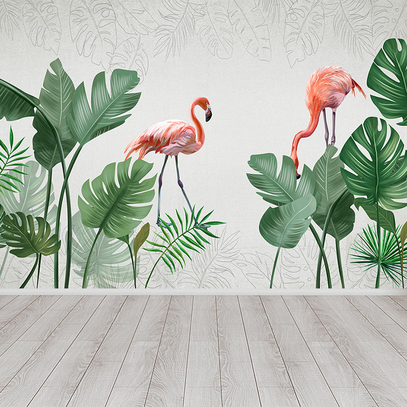 Flamingos and Leaves Wall Mural Modern Decorative Living Room Wall Covering, Custom Orange Clearhalo 'Wall Decor' 'Wall Mural' 1646755