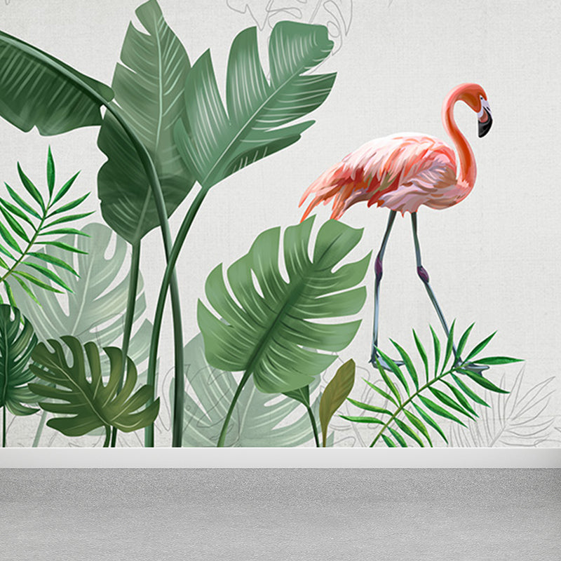 Flamingos and Leaves Wall Mural Modern Decorative Living Room Wall Covering, Custom Clearhalo 'Wall Decor' 'Wall Mural' 1646756
