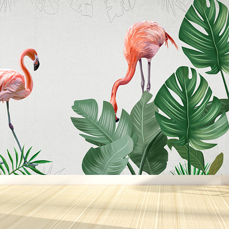 Flamingos and Leaves Wall Mural Modern Decorative Living Room Wall Covering, Custom Clearhalo 'Wall Decor' 'Wall Mural' 1646757