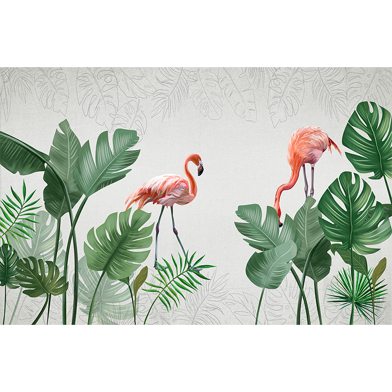Flamingos and Leaves Wall Mural Modern Decorative Living Room Wall Covering, Custom Clearhalo 'Wall Decor' 'Wall Mural' 1646758