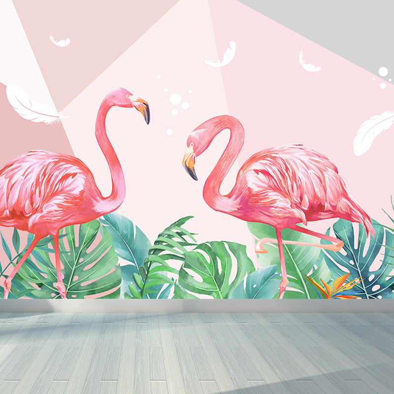 Flamingos and Leaves Wall Mural Modern Decorative Living Room Wall Covering, Custom Pink Clearhalo 'Wall Decor' 'Wall Mural' 1646760
