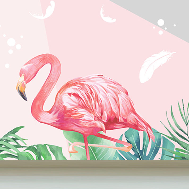 Flamingos and Leaves Wall Mural Modern Decorative Living Room Wall Covering, Custom Clearhalo 'Wall Decor' 'Wall Mural' 1646761