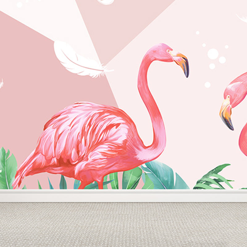 Flamingos and Leaves Wall Mural Modern Decorative Living Room Wall Covering, Custom Clearhalo 'Wall Decor' 'Wall Mural' 1646762