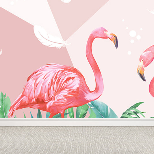Flamingos and Leaves Wall Mural Modern Decorative Living Room Wall Covering, Custom Clearhalo 'Wall Decor' 'Wall Mural' 1646762