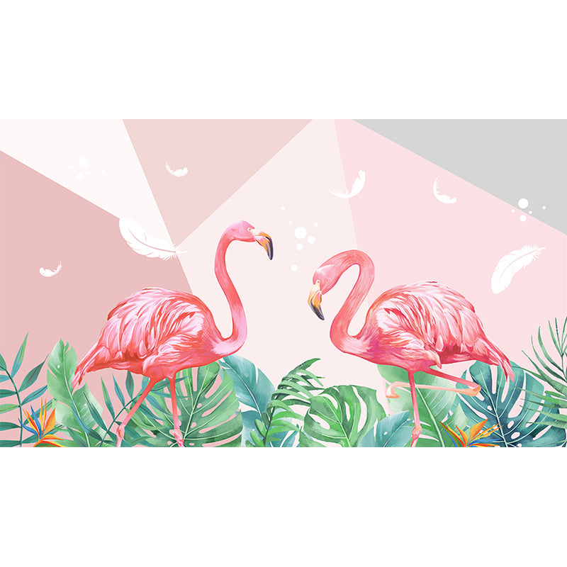 Flamingos and Leaves Wall Mural Modern Decorative Living Room Wall Covering, Custom Clearhalo 'Wall Decor' 'Wall Mural' 1646763