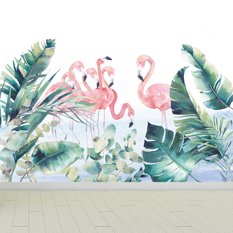 Flamingos and Leaves Wall Mural Modern Decorative Living Room Wall Covering, Custom Light Pink Clearhalo 'Wall Decor' 'Wall Mural' 1646765