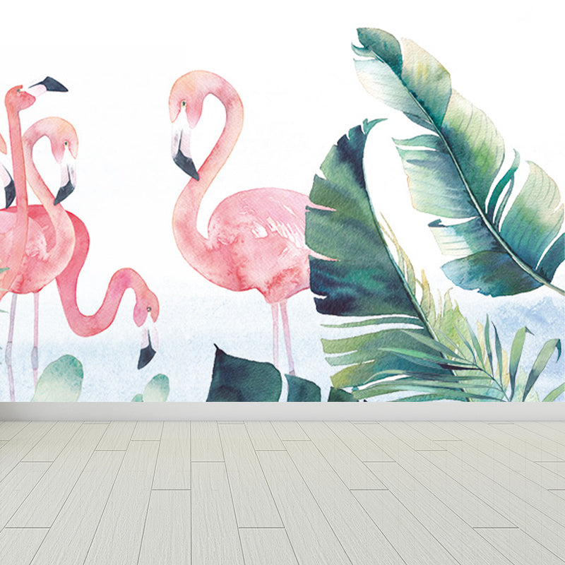 Flamingos and Leaves Wall Mural Modern Decorative Living Room Wall Covering, Custom Clearhalo 'Wall Decor' 'Wall Mural' 1646766