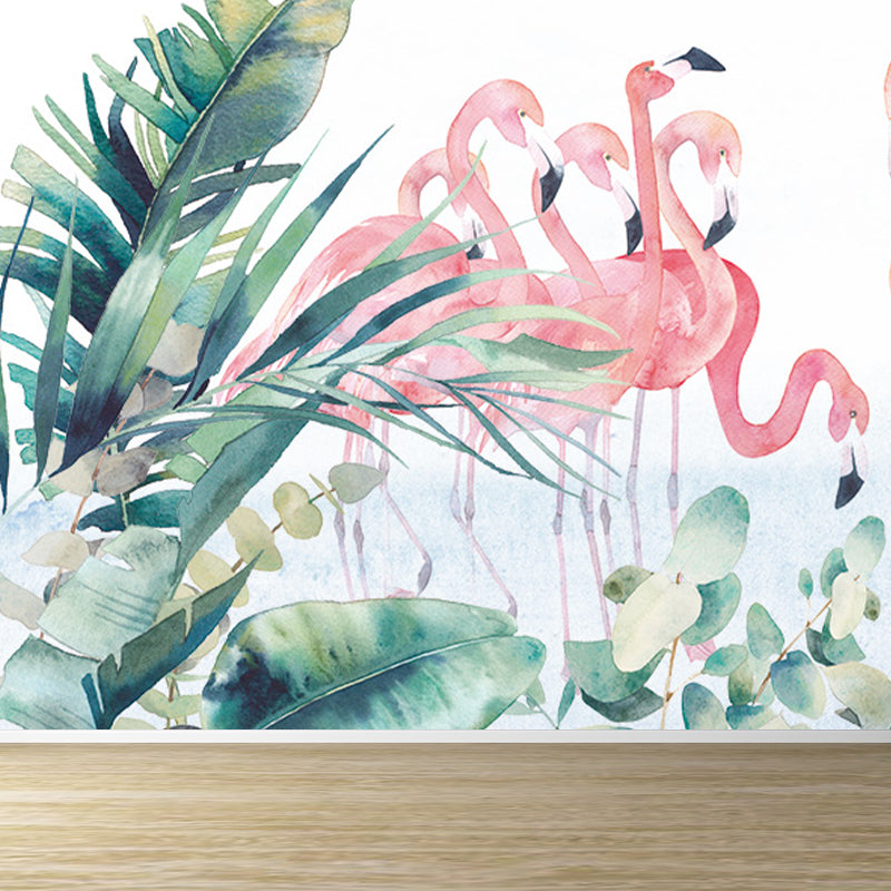 Flamingos and Leaves Wall Mural Modern Decorative Living Room Wall Covering, Custom Clearhalo 'Wall Decor' 'Wall Mural' 1646767