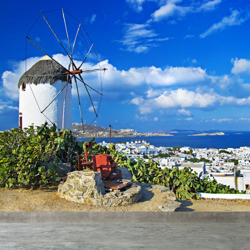 Huge Windmill Mural for Bathroom Nature Landscape Wall Art in Blue, Stain Resistant Clearhalo 'Wall Decor' 'Wall Mural' 1646833