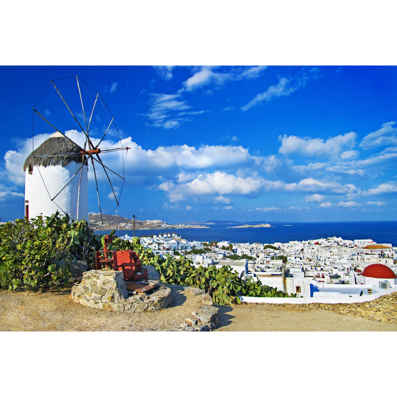 Huge Windmill Mural for Bathroom Nature Landscape Wall Art in Blue, Stain Resistant Clearhalo 'Wall Decor' 'Wall Mural' 1646837